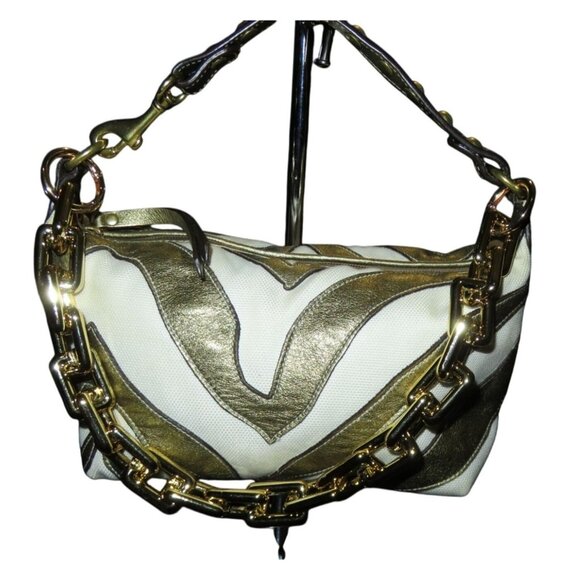 Coach 2005 Canvas & Leather Pochette Demi Bag White w/ gold Zebra Print Accents - Picture 1 of 12